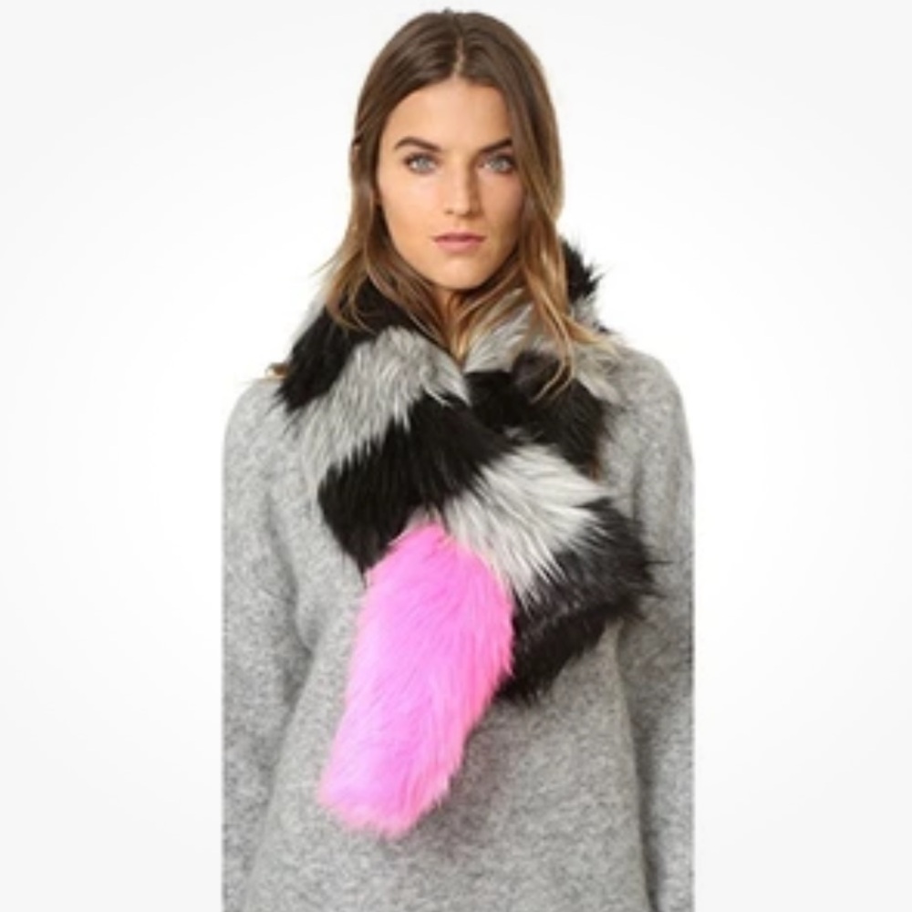 Charlotte Simone Vibrant Faux Fur Scarf - Black, Gray, Pink